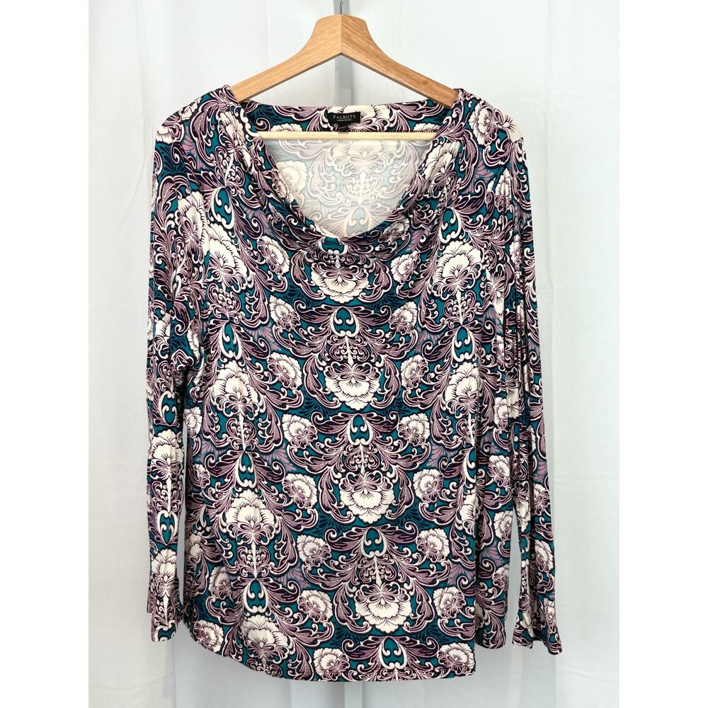 TALBOTS  2XP Plus Drape Neck Long Sleeve Top Floral Geometric Purple Teal Green